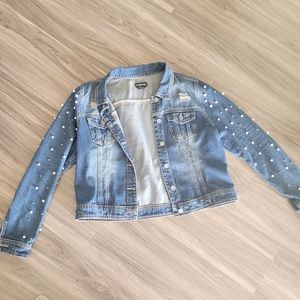 Bebe Jean Jacket with Pearl Sleeve Details